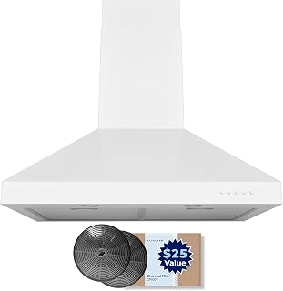 Hauslane Wall Mounted Range Hood 30" Convertible White Hood 350-750CFM Base | Low Noise Pro Stainless Steel Heavy-duty Stove Hood Vent for Kitchen, GU10 LED, Top 6" Round, Dishwasher Safe Filter WM-530B