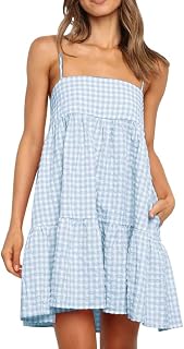 Womens Summer Plaid A-line Sleeveless Casual Flowy Mini Sundress