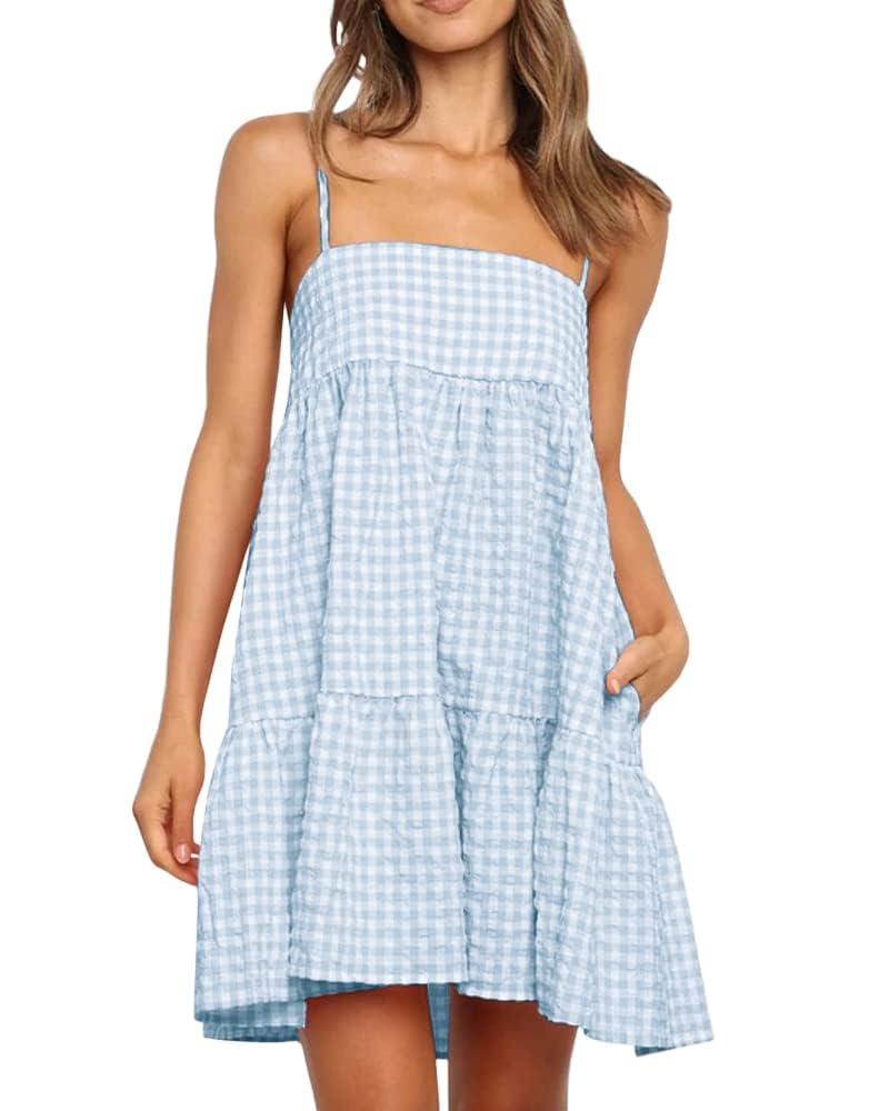 Womens Summer Plaid A-line Sleeveless Casual Flowy Mini Sundress