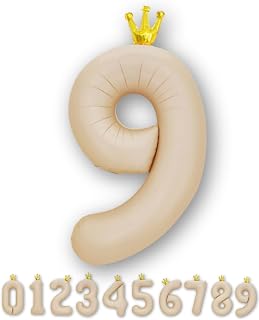 La Kissa Number Balloons, Birthday Decoration, Balloons, with Crown, 40 inches, Large, with Straw, Number Balloon, Approx. 35.4 inches (90 cm), Anniversary (Crown, Beige, 9)