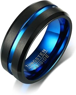 Rockyu Men's Ring, Tungsten, Metal Allergy-Friendly, Black, Gold, Blue, Silver, 8mm Width, Tungsten Steel, Hairline Finish, Metallic Feel, Flat Band