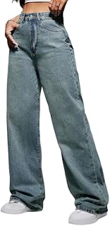 shownicer Women's Long Jeans High Waist Jeans Wide Jeans Baggy Denim Straight Trousers Vintage Stretch Casual Jeans Straight Wide Leg Pants Denim Trousers