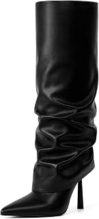 Fold Over Knee High Boots Pointed Toe Stiletto Heel Shark Boots