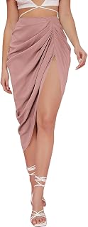 WDIRARA Women's Split Front Satin Skirts High Waist Ruched Wrap Skirt