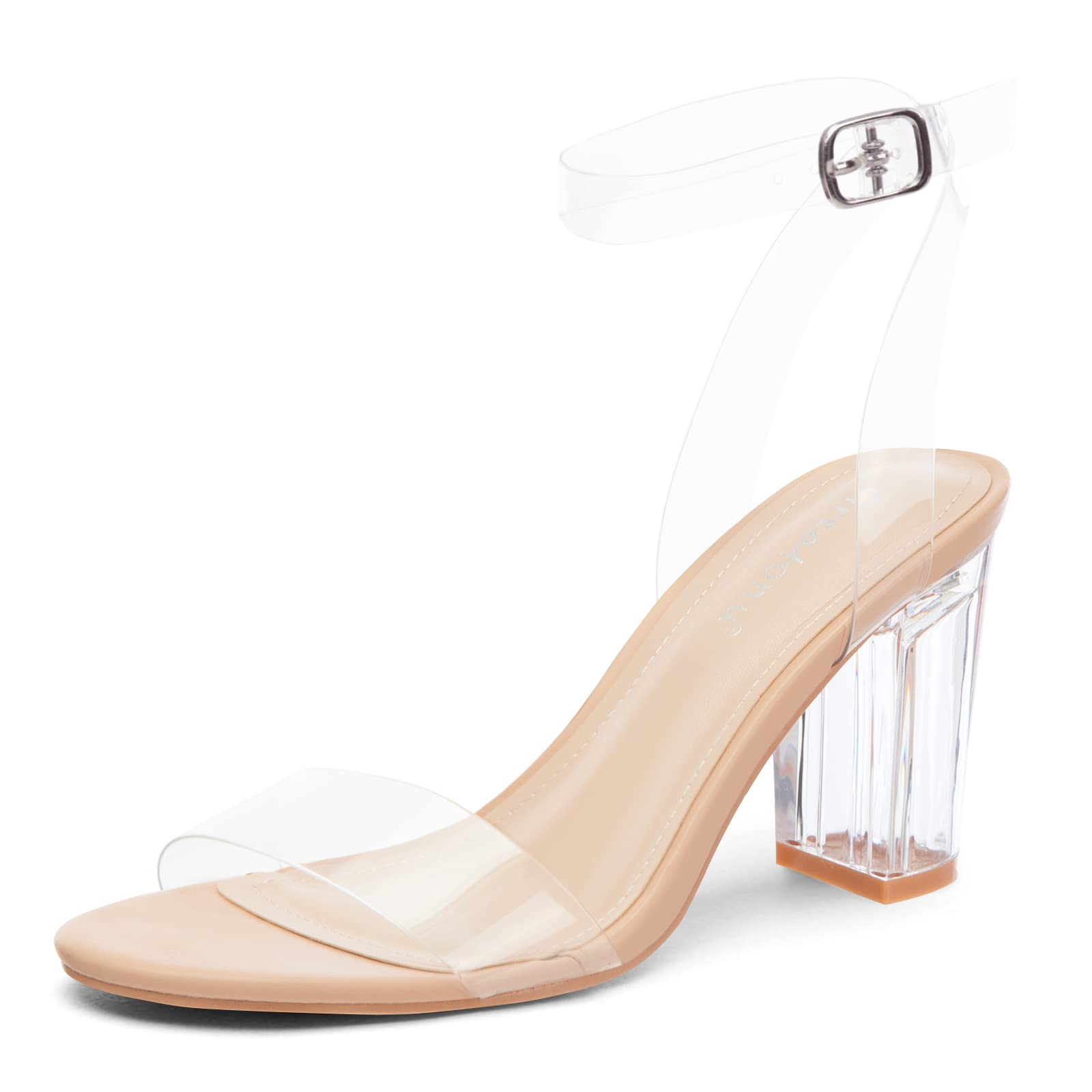 Greatonu Clear Heels Women's Chunky Heeled Sandals, Ankle Strap Block Heels