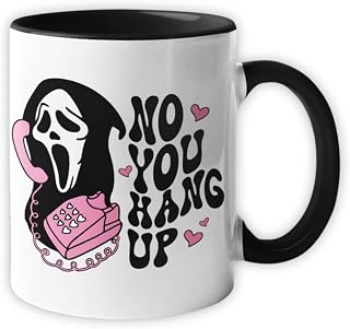 Horror Mug – Movie-Inspired 11oz Ceramic Coffee Mug – Funny Ceramic Coffee Mug No You Hang Up Ghost Design – Gift for Horror Fans – Microwave & Dishwasher Safe
