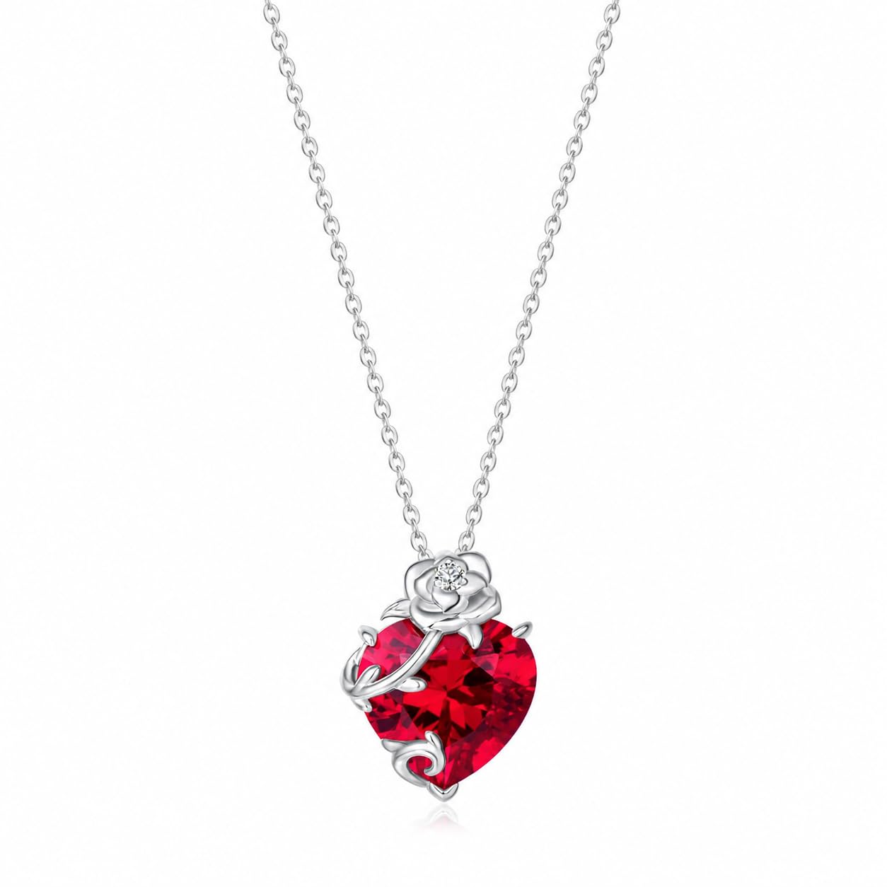 FANCIME Sterling Silver Heart Rose Birthstone Pendant Necklace for Women