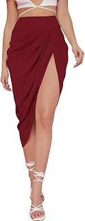 WDIRARA Women's Split Front Satin Skirts High Waist Ruched Wrap Skirt