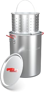 Megamaster Aluminium 30 Qt Turkey Fryer Pot, Strainer Basket and Lid | Offers Heat-resistant Handles, Easy to Clean, Built-in Hooks for Lid and Basket, Perfect for Frying, Boiling, Steaming