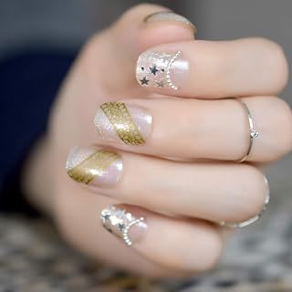 Press on Nail Small Round Top Clear French Fake Nail Tips Star Shimmer Colorful Glitter Gold Print Short Salon Fake Decoration Nail Art Tips 22pcs