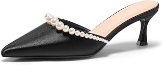 Coutgo Womens Pearl Kitten Heels Closed Pointed Toe Wedding Bride Dress Shoes Ankle Strap Satin Pumps