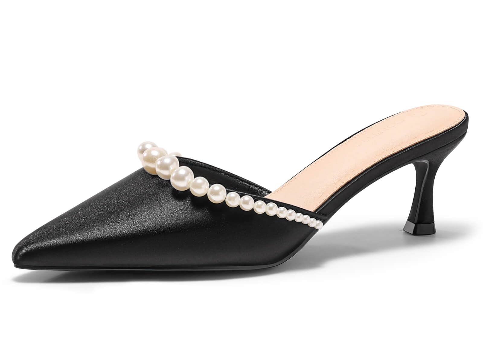 Coutgo Womens Pearl Kitten Heels Closed Pointed Toe Wedding Bride Dress Shoes An