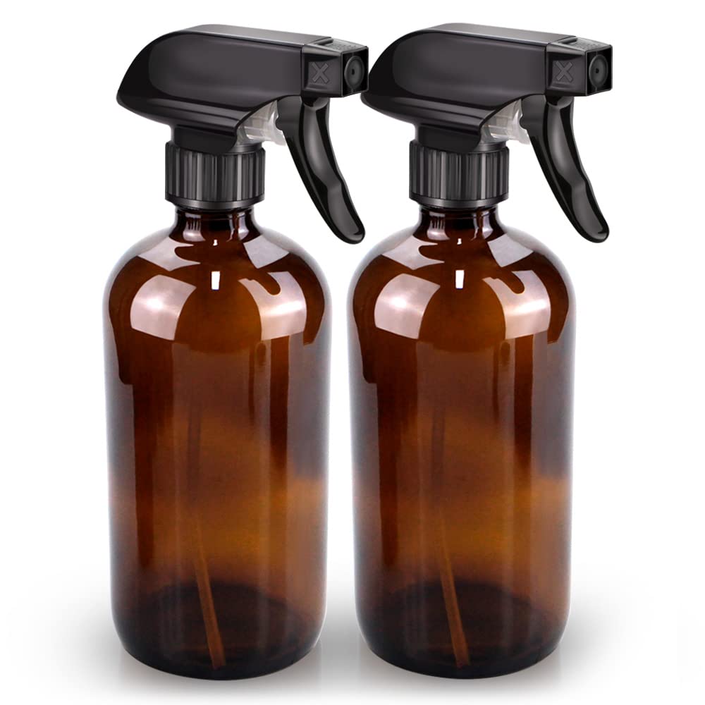 Bontip Glass Spray Bottle 16 oz for Cleaning, Plants (2 Pack, Amber) | Refillabl