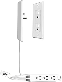 CABOCASA 3FT Flat Plug Extension Cord Power Strip 3 Outlets White Downward | Cord Downward, Multi Outlets, Detachable Ultra-Thin Outlet Cover Concealer, Ultra-Flat Plug, Max. 13A 125V 1625W, ETL Listed