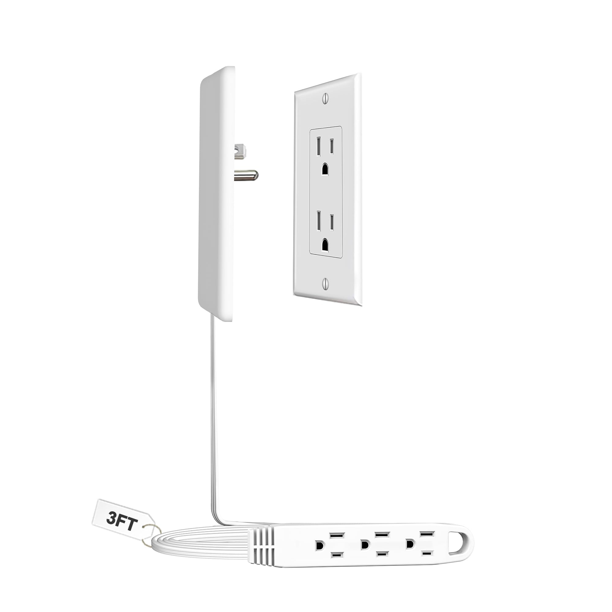 CABOCASA 3FT Flat Plug Extension Cord Power Strip 3 Outlets White Downward | Cor