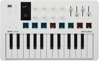 Arturia MINILAB3WH Compact MIDI Keyboard and Pad Controller, White | White, 25 keys, 8 velocity pads, 8 encoders, USB-C powered, Analog Lab V included