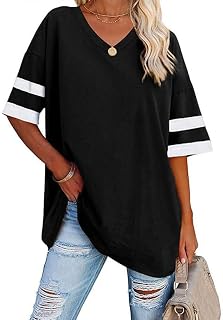 Larmliss Women's Oversized T Shirts V Neck Striped Tees Summer Half Sleeve Casual Comfy Cozy Cotton Tunic Tops Plus Size 2024