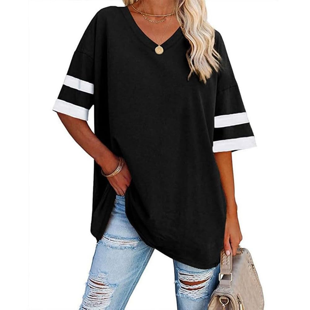 Larmliss Women's Oversized T Shirts V Neck Striped Tees Summer Half Sleeve Casua