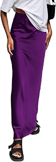 Vrtige Women's Elegant Satin Silky High Waist Zipper Flowy A Line Maxi Long Skirt Dark Purple Medium