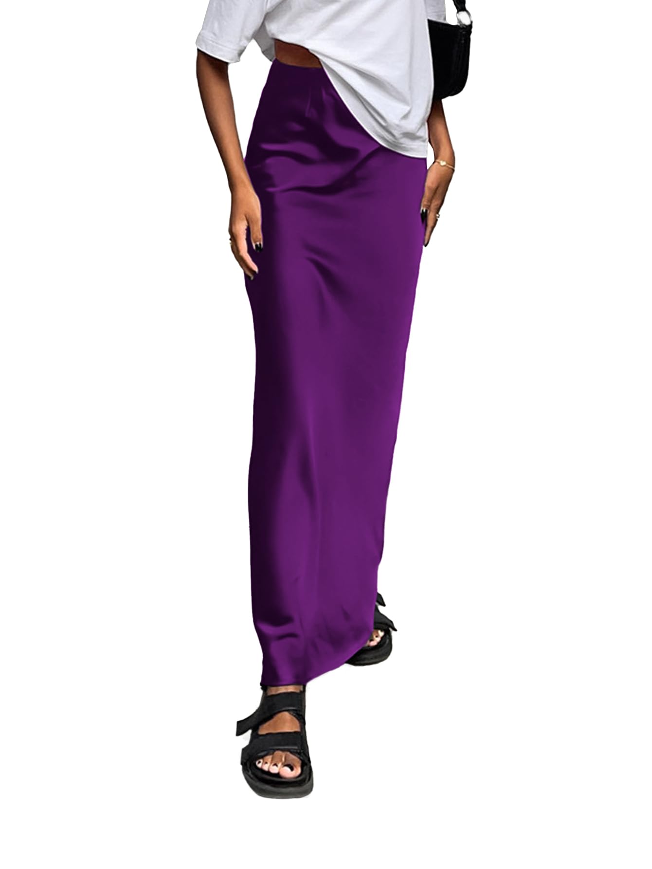 Vrtige Women's Elegant Satin Silky High Waist Zipper Flowy A Line Maxi Long Skir