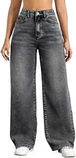 shownicer Women's Long Jeans High Waist Jeans Wide Jeans Baggy Denim Straight Trousers Vintage Stretch Casual Jeans Straight Wide Leg Pants Denim Trousers