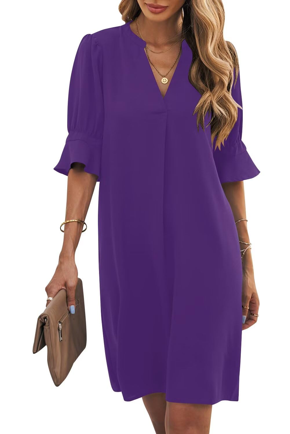 Wkior Shift Dress for Women V Neck Short Sleeve Solid Color Casual Summer Dresse