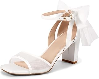 Coutgo Sandalias de tacón grueso con pajarita para mujer, con una correa de satén y hebilla en el tobillo, zapatos de vestir para boda, Malla blanca., 6