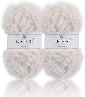 NICEEC 2 Skeins Soft Faux Fur Yarn 70yds,3.53oz- White | Crochet & Knit, DIY Project Starter Kit，Handbag，Sun Hat，Shoes， Shopper Bag