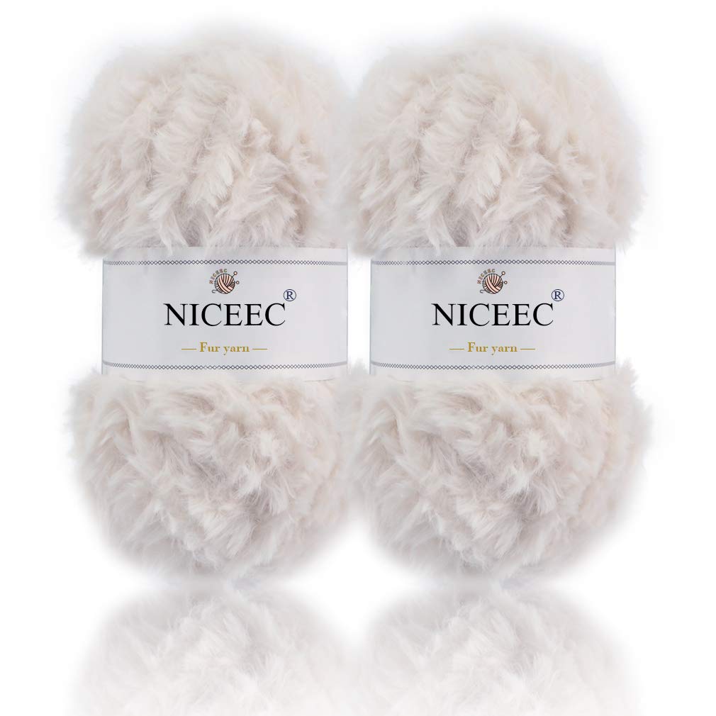 NICEEC 2 Skeins Soft Faux Fur Yarn 70yds,3.53oz- White | Crochet & Knit, DIY Pro
