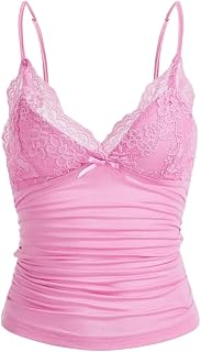 Naileksi Women Y2k Lace Trim Cami Top Spaghetti Strap Fairy Grunge Tank Top V Neck Ruched Bow Lace Patchwork Cami Shirt