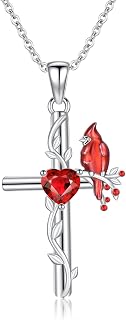 Red Cardinal Cross Necklace for Women Natural Garnet 925 Sterling Silver Cardinal Cross Pendant Ladies Necklaces Jewelry Easter Gifts for Mom Wife Daughter