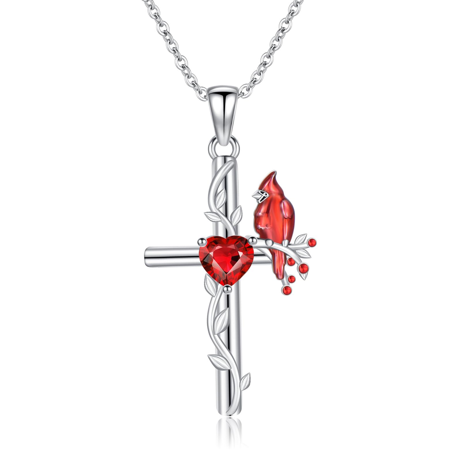 Red Cardinal Cross Necklace for Women Natural Garnet 925 Sterling Silver Cardina