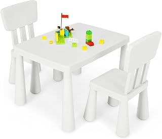 COSTWAY Kids Table and Chair Set, Children Multi Activity Desk with 2 Chairs, 3-Piece Toddler Furniture Set for Eating, Drawing, Writing, Craft, Snack Time, 77 x 55 x 50 cm (White)