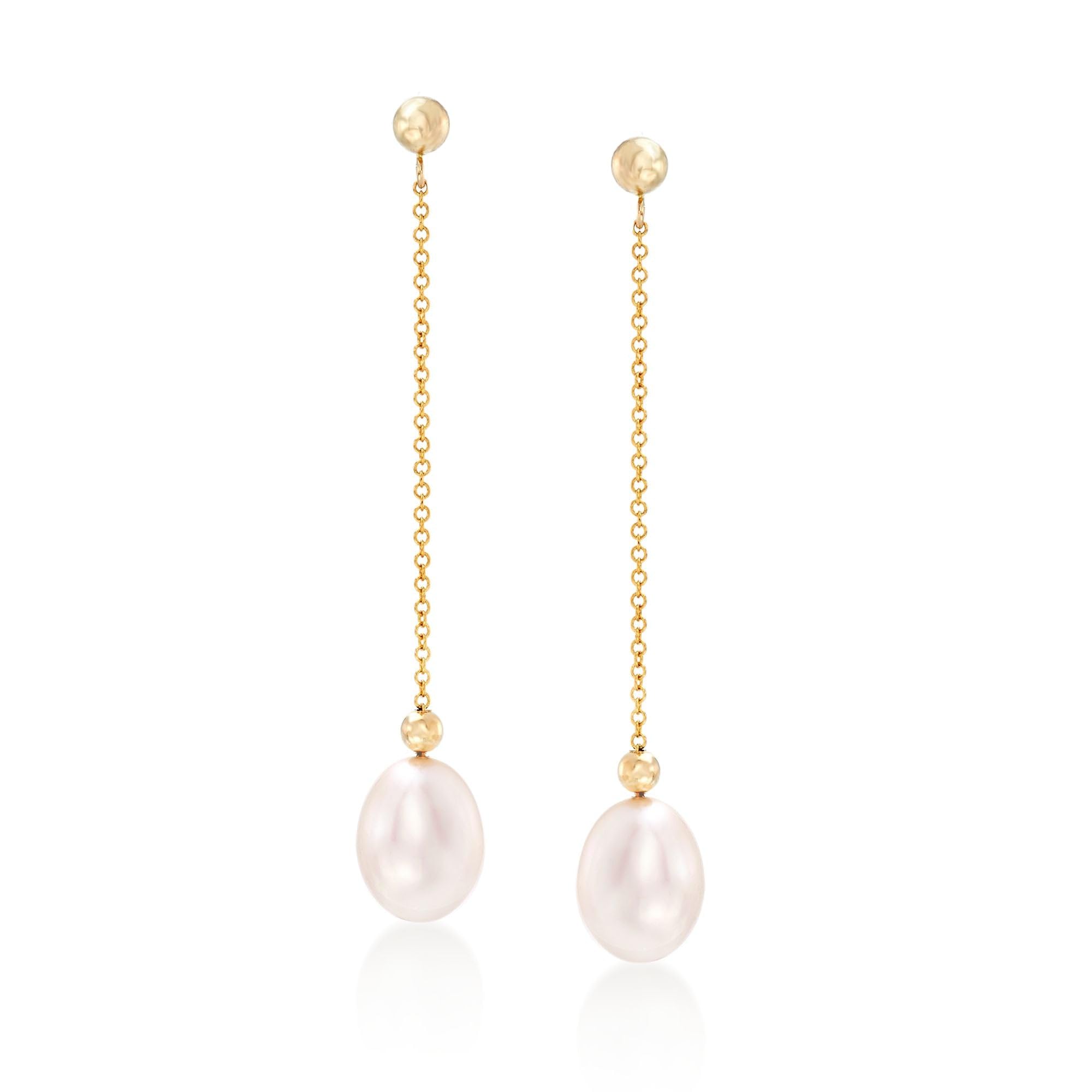 Ross-Simons 8-8.5mm Cultured Pearl Bead and Chain Drop Earrings in 14kt Yellow G