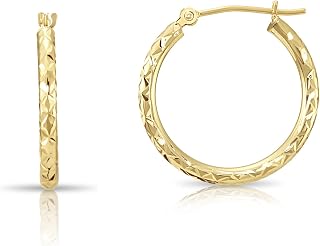 14K Yellow Gold Round Hoop Earrings with X Pattern Diamond-cut Design