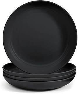 Odoland 23cm Lightweight Unbreakable Deep Dinner Plates Ultra-Durable Service Plate Dishwasher & Microwave Safe, BPA Free, for Family Indoor Outdoor Easy to Clean 4pcs Black