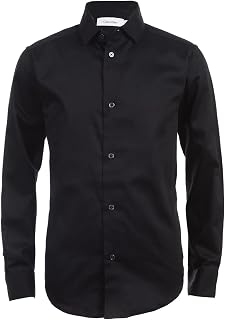Calvin Klein Boys' Long Sleeve Sateen Dress Shirt, Button-Down Style with Buttoned Cuffs & Shirttail Hem