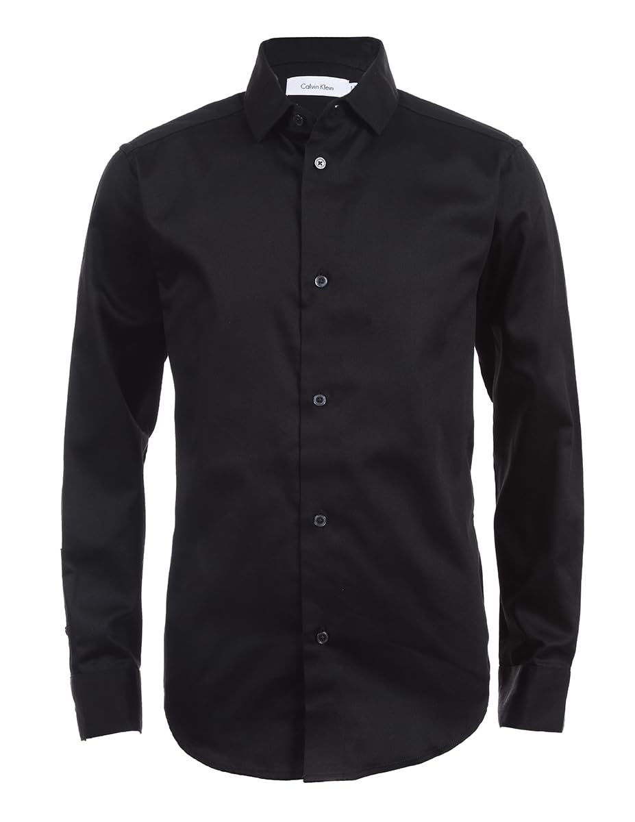Calvin Klein Boys' Long Sleeve Sateen Dress Shirt, Button-Down Style with Button