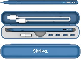 Skriva Stylus Pen for iPad (2018+) with Shortcut Button, Tilt Sensitivity & Palm Rejection, Magnetic Attachment, USB-C Fast Charging, Battery Indicator, Case & Spare Nibs for iPad Pro, Air & Mini