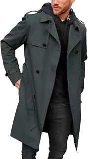 Runcati Mens Double Breasted Trench Coat Long Lapel Work Jacket with Belt
