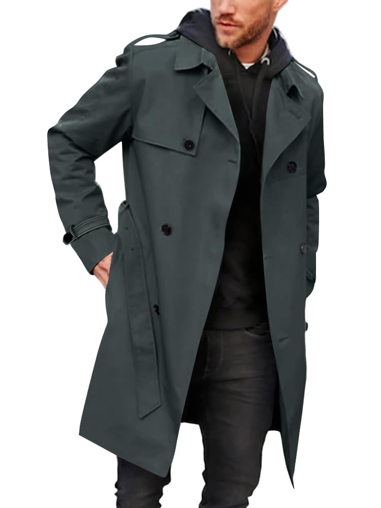 Runcati Mens Double Breasted Trench Coat Long Lapel Work Jacket with Belt