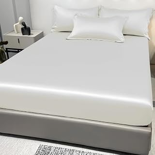 Queen Size Fitted Sheet Hotel Quality Ultra Soft Breathable Cotton Silk Deep Pocket Queen Size 150x200+30cm (White)