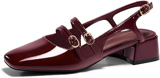 Coutgo Women's Mary Jane Chunky Low Heels Slingback Pumps Closed Square Toe Wedding Dress Shoes