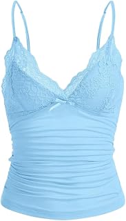 Naileksi Women Y2k Lace Trim Cami Top Spaghetti Strap Fairy Grunge Tank Top V Neck Ruched Bow Lace Patchwork Cami Shirt