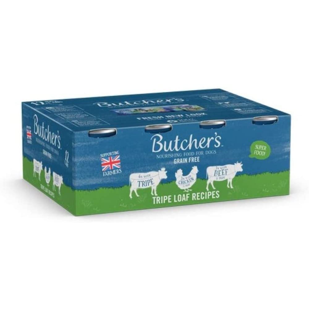 Butcher's Wet Dog Food Tin Cans Grain Free Tripe Loaf Pate Recipes 9.6kg (24 x 4