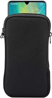 Neoprene Shock Absorbing Proof Pouch Large Cell Phone Sleeve Case Cover w Zipper/Neck Strap for iPhone 14 Plus Samsung Galaxy Note20 Ultra S22 Ultra A13 A03 A23 Moto G Power 2022 LG Stylo 6 (Black)