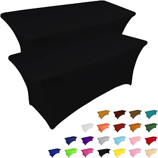 IVAPUPU 2 Pack 6FT Black Table Cloth for Rectangular Spandex Table Cover | Fitted Events Stretch Covers Washable Spandex Tablecloth Protector for Party, Wedding, Cocktail, Banquet, Festival