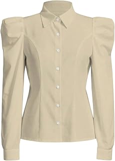 Floerns Women's Elegant Puff Long Sleeve Collared Shirts Dressy Blouse Top