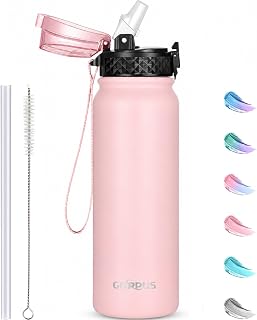 GOPPUS 600ml/20oz Stainless Water Bottle with Straw Double Wall Insulated Bottles with Strap One Hand Open Vacuum Thermal Flask with Flip Top Lid Leakproof Keep Cold Drinks BPA Free