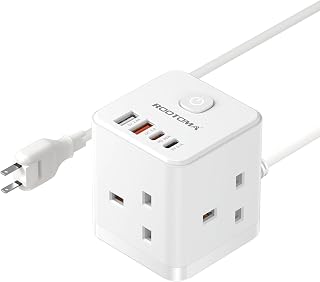 Japan Travel Adapter 3 Way 4 Fast Charging USB (QC3.0/PD20W) | 1.5M Extension Cable, Compact Cube UK to Japan Plug Adapter, Type A